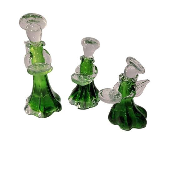 VTG Christmas Angels Art Glass Figurines Set of 3 Votive Candle Holders Green - Picture 3 of 14